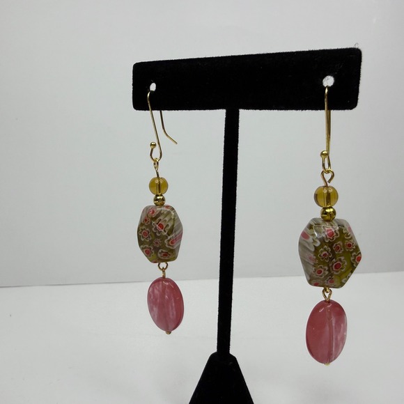 Murano Style Glass Dangle Drop Earrings Bohemian Floral Oval Beads Jewelry 3 in - Picture 4 of 6